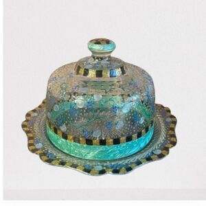 Vintage hand painted glass dome covered cheese dish